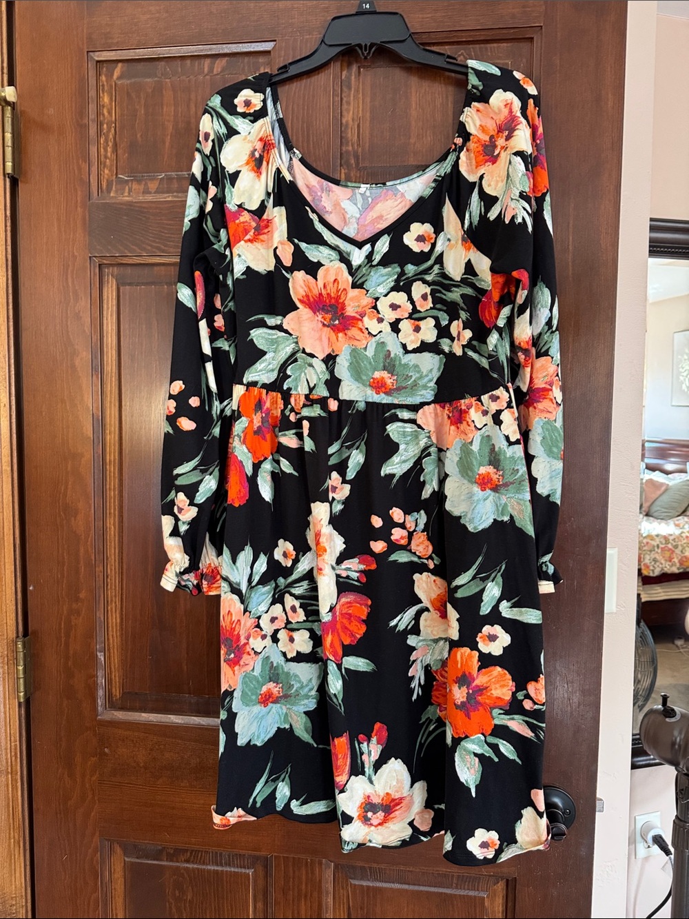Honeyme Floral V-Neck Long Sleeve Dress - Black with Coral & Mint Flowers